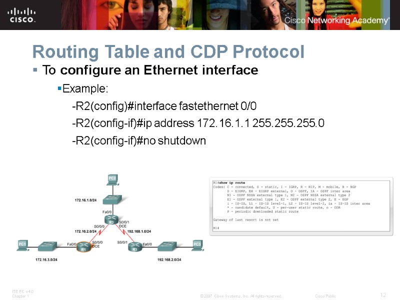 Routing Table and CDP Protocol To configure an Ethernet interface Example: -R2(config)#interface fastethernet 0/0